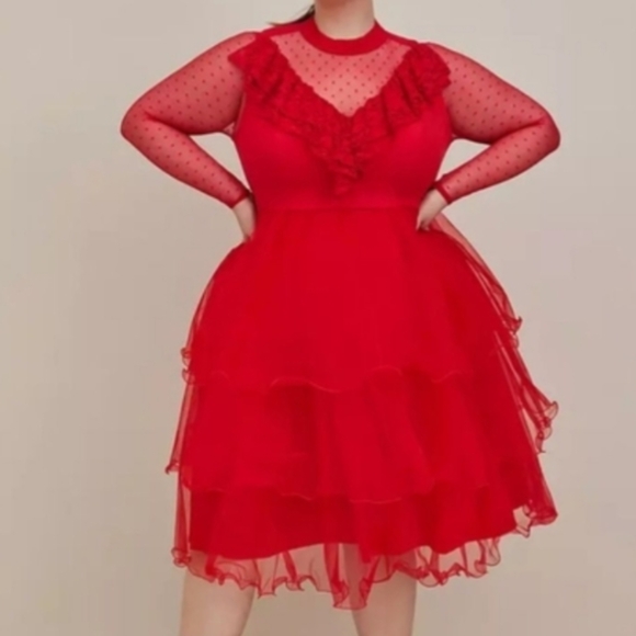 Torrid BEETLEJUICE LYDIA MIDI STRETCHCHALLIS MESH TIERED RED DRESS Sz 2X - Picture 1 of 10